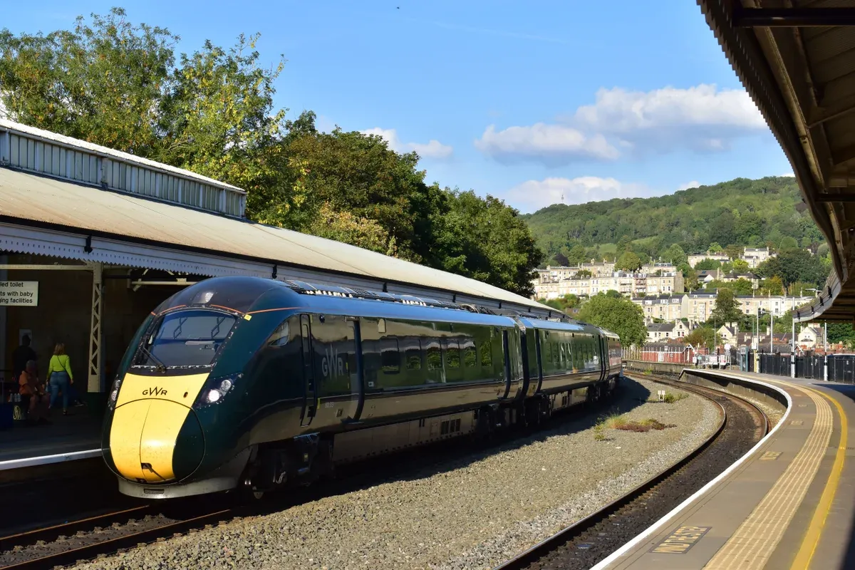 Great Western Railway train at a Bath Spa station platform on a train day trip from London to Bath