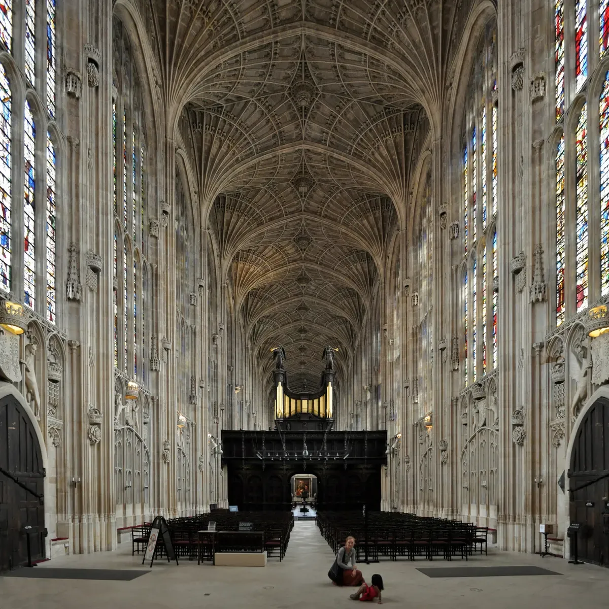 The fan-vaulted nave of King's College Chapel in Cambridge on a day trip from London by train