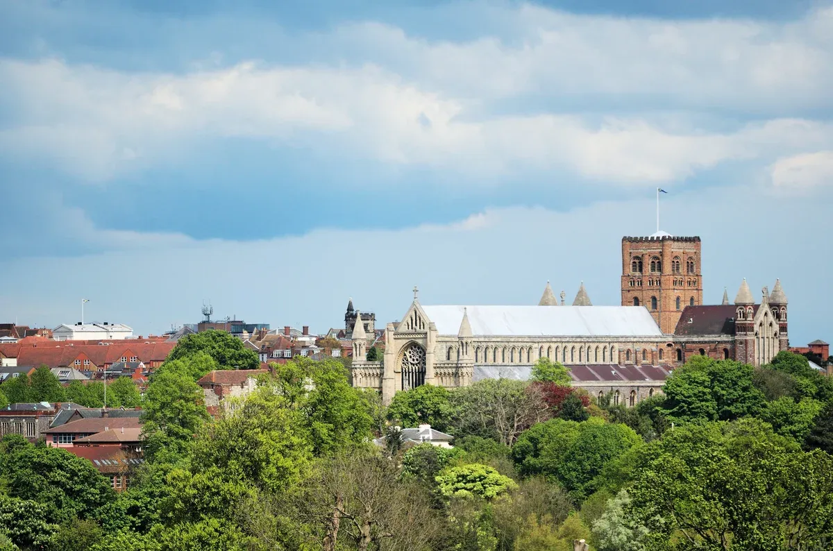 St Albans Cathedral seen from Verulamium Park on a free day trip from London
